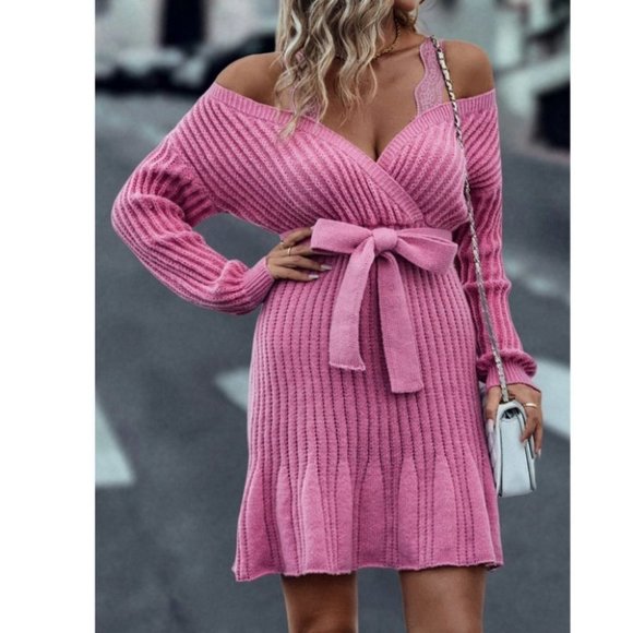 Lace Detailed Cold Shoulder Long sleeve Belted Sweater Dress Pink - Picture 6 of 9